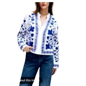 Zara Embroidered Floral Linen Jacket Medium White Blue Excellent Boho Split Neck